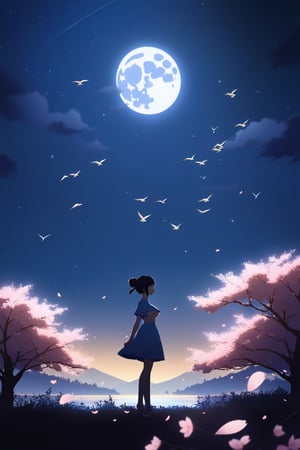 1girl, solo, black hair, dress, standing, flower, short sleeves, outdoors, sky, hair bun, from side, tree, profile, night, bird, moon, cherry blossoms, star \(sky\), night sky, scenery, full moon, branch,underboob