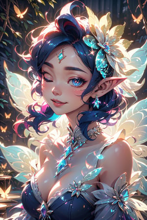 fairy, butterfly_wings,gem,vibrant colors, (((bride))), short neck, looking_at_viewer , facing front, one eye closed, winking, finger on the lip,light smile,night, soft lighting, Detailedface, (portrait:1.2), GlowingRunes_blue, 