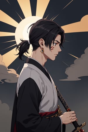 solo, long hair, black hair, long sleeves, 1boy, holding, jewelry, closed mouth, upper body, ponytail, weapon, male focus, earrings, japanese clothes, sword, wide sleeves, holding weapon, from side, profile, facial mark, smoke, sun, over shoulder, egasumi, sunburst, sunburst background