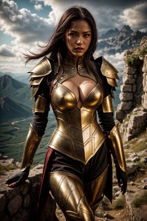 1lady, {{boob armor}}, sexy, {{intricate design} on armor}}, Fantasy, Mythological, Greek Mythology, Concept, Artists, Outdoor, Majestic Mountaintop, 4K, medium close-up shot:1.5, Golden Hour Sunlight, Rich Colors, Detailed, Epic Fantasy, ispired by games, game boob armor, fighting armor,