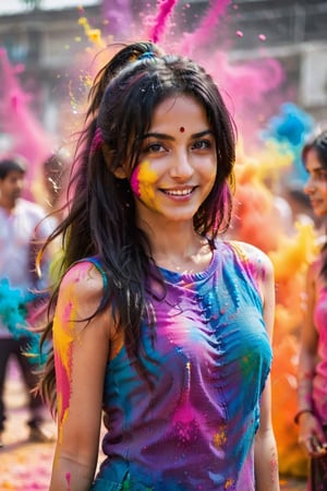 1girl, adult, long hair, looking at viewer, smile, black hair, dress, upper body, solo focus, grin, blurry, blurry background, hand in own hair, realistic, looking at viewer, paint splatter, playing Holi, realistic photograph ,holi festival , festive moment,  vibrancy of the colors,  joyous, splashes, colorful powder, festival, colors,photorealistic,see-through,more detail XL,FilmGirl,renny the insta girl,Model