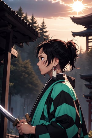 solo, long hair, black hair, long sleeves, 1boy, holding, jewelry, closed mouth, upper body, ponytail, weapon, male focus, earrings, japanese clothes, sword, wide sleeves, holding weapon, from side, profile, facial mark, smoke, sun, over shoulder, egasumi, sunburst, sunburst background