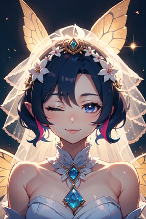fairy, butterfly_wings,gem,vibrant colors, (((bride))), short neck, looking_at_viewer , facing front, one eye closed, winking, finger on the lip,light smile,night, soft lighting, Detailedface, (portrait:1.2), GlowingRunes_blue, 