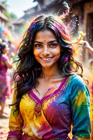 1girl, adult, long hair, looking at viewer, smile, black hair, dress, upper body, solo focus, grin, blurry, blurry background, hand in own hair, realistic, looking at viewer, paint splatter, playing Holi, realistic photograph, festive moment,  vibrancy of the colors,  joyous, splashes, colorful powder, festival, colors,photorealistic,see-through,more detail XL