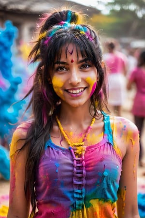 1girl, adult, long hair, looking at viewer, smile, black hair, dress, upper body, solo focus, grin, blurry, blurry background, hand in own hair, realistic, looking at viewer, paint splatter, playing Holi, realistic photograph ,holi festival , festive moment,  vibrancy of the colors,  joyous, splashes, colorful powder, festival, colors,photorealistic,see-through,more detail XL,FilmGirl,renny the insta girl,Model