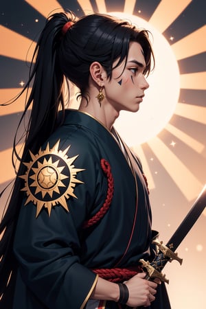 solo, long hair, black hair, long sleeves, 1boy, holding, jewelry, closed mouth, upper body, ponytail, weapon, male focus, earrings, japanese clothes, sword, wide sleeves, holding weapon, from side, profile, facial mark, smoke, sun, over shoulder, egasumi, sunburst, sunburst background