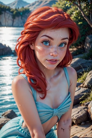ariel princess facial, cum,pov,detailed and realistic photo of ariel princess, staring at camera, chapped lips, (bright lighting:1.2), magical photography,photo realism, ultra-detailed, Leica 50mm, f1. 4, light freckles,gwen stacy,red hair, blue eyes, short hair