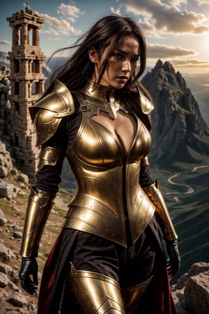 1lady, {{boob armor}}, sexy, {{intricate design} on armor}}, Fantasy, Mythological, Greek Mythology, Concept, Artists, Outdoor, Majestic Mountaintop, 4K, close-up shot:1.5, Golden Hour Sunlight, Rich Colors, Detailed, Epic Fantasy, ispired by games, game boob armor, fighting armor,