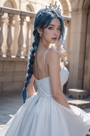 1girl, solo, long hair, breasts, looking at viewer, blue eyes, dress, blue hair, braid, pointy ears, white dress, crown,