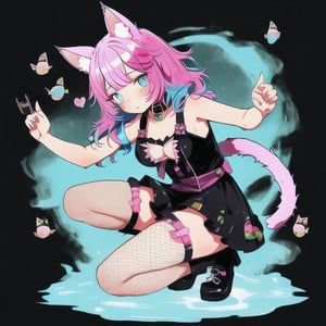 1girl, cute, meduim_breasts, fishnet legwear, Pink_hair, Blue_hair, thighs, cat_collar, cat_ears, cat_tail, cat_girl, shoulder_length_hair, black_background, full_body_pose, dress, mini_skirt