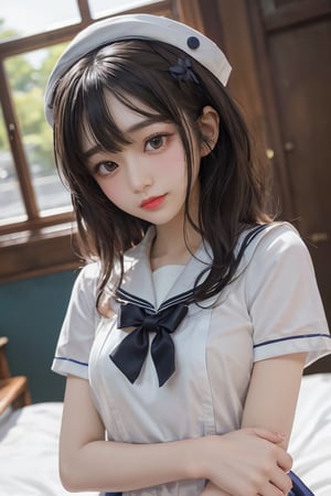 a naive but cute woman in a sailor costume, in the style of anime aesthetic, classic academia, blink-and-you-miss-it detail, dark white, romantic academia, imitated material, chen zhen --ar 63:128