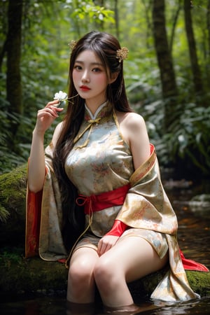 a white girl with long hair is sitting in the woods, holding a flower, in the style of realistic portraitures, traditional chinese, light red and light gold, elaborate costumes, hyper-realistic water, exaggerated facial features, lovely --ar 85:128