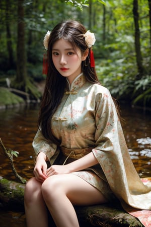 a white girl with long hair is sitting in the woods, holding a flower, in the style of realistic portraitures, traditional chinese, light red and light gold, elaborate costumes, hyper-realistic water, exaggerated facial features, lovely --ar 85:128