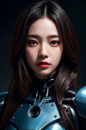 girl is in robot armor and poses, in the style of photorealistic portraiture, gongbi, android jones, 32k uhd, elegant, emotive faces, shiny eyes, asian-inspired --ar 32:25