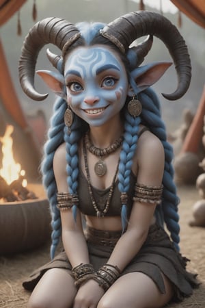 Hyper-realistic, Cinematic Render, fantasy movie, young, tiny, ((very cute)) tiefling girl, big head, very large eyes and, large pointy ears, blue skin, dark black hair, braids, tiny horns, freckles, chubby, giggling, cute smile, piercing blue eyes, warpaint, holding strange furry fantasy pet, sitting on furs, necklaces, bracelets, bone headdress, inside fantasy tribal tent, torches, bone decorations, 