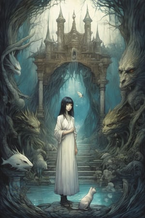 a dreamlike depiction of facing your fears, (1 young white boy , 1 Japanese girl), dark hair, holding hands, looking_at_viewer , exploring a dark fantasy forest and ancient magical ruins, ancient trees, hidden monsters, creepy, dreamscape, bizarre hallucinations, dreampunk, ghosts, monsters, tarot art, best quality, full body portrait, beautiful, perfect detail, ornate, rule of thirds,Tarot Card Style, ornate border, Brian Froud, 