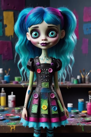 Hyper-realistic, Cinematic Render, creepy stop motion movie, Tim Burton style, full body portrait, young, tiny, very short, ((very cute)) Frankenstein girl, (light blue skin), black and magenta hair, creepy patchwork cloth dress, cut out cloth patches and big stitches, colorful buttons, high texture, splashes of colourful paint on dress and hands, (the letters "TA" on the dress) , one very large blue eye and the other eye is green, (holding a ((large paintbrush)) and paint palette), loose ponytails, magenta and blue hair, heavy makeup, cute smile, mischievous smile , creepy smile, muted colours, inspired by Paranorman movie ,3d style, high depth of field, 