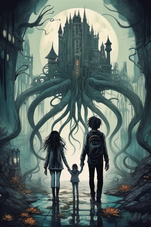 a dreamlike depiction of facing your fears, (1 young boy , 1 girl), dark hair, holding hands, walking away from camera, exploring a mix of dark fantasy forest and futuristic city, ancient trees, hidden monsters, tentacles, creepy, dreamscape, bizarre hallucinations, dreampunk, ghosts, monsters, tarot art, best quality, full body portrait, beautiful, perfect detail, ornate, rule of thirds,Tarot Card Style,