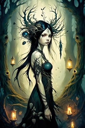 a dreamlike depiction of facing your fears, (1 very young native girl, black hair)  looking_at_viewer , exploring a dark fantasy forest and ancient magical ruins, ancient gnarled trees, ((trees have faces)) , (creepy art) , glowing magic runes in hands, underlit, dreamscape, bizarre hallucinations, dreampunk, ghosts, monsters, tarot art, best quality, full body portrait, beautiful, perfect detail, ornate, rule of thirds,Tarot Card Style, ornate border, (Brian Froud), hidden creatures, pixies, dark fairies, (snakes), muted colours, close up, perfect eyes, ornate border, 