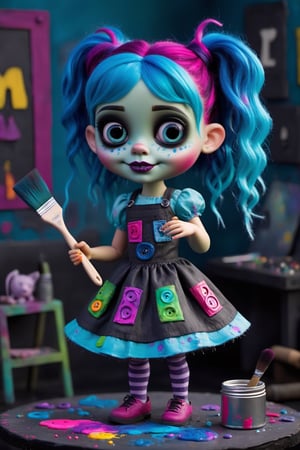 Hyper-realistic, Cinematic Render, film grain, high texture, realistic skin, (creepy stop motion movie, Tim Burton style) , full body portrait, young, tiny, very short, ((very cute)) Frankenstein monster girl, chibi, (light blue skin), black and magenta hair, creepy patchwork cloth dress, cut out cloth patches and (big neon stitches) , colorful buttons, high texture, splashes of colourful paint on dress and hands, (the letters "TA" on the dress) , very large blue eyes, (holding a ((large paintbrush)) and paint palette), strange oil painting in background, messy pigtails, magenta and blue hair, heavy makeup, cute smile, mischievous smile , creepy smile, muted colours, inspired by Paranorman movie ,3d style, high depth of field, 