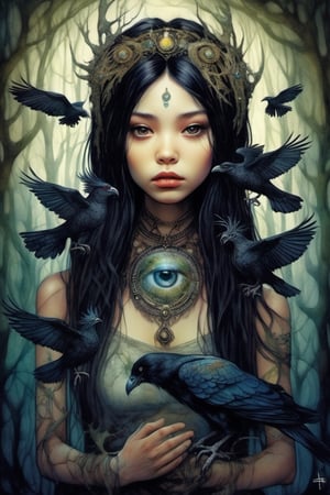 a dreamlike depiction of facing your fears, (1 very young indigenous girl, black hair)  looking_at_viewer , exploring a dark fantasy forest and ancient magical ruins, ancient gnarled trees, hidden faces in trees, (creepy art) , glowing magic circles in hands, underlit, dreamscape, bizarre hallucinations, dreampunk, ghosts, monsters, tarot art, best quality, full body portrait, beautiful, perfect detail, ornate, rule of thirds,Tarot Card Style, ornate border, Brian Froud, hidden creatures, pixies, brownies, (1 raven), muted colours, close up, perfecteyes