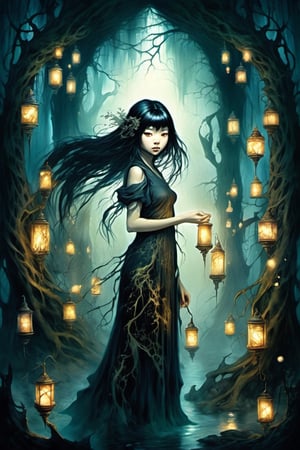 a dreamlike depiction of facing your fears, (1 very young Japanese girl, black hair)  looking_at_viewer , exploring a dark fantasy forest and ancient magical ruins, ancient gnarled trees, ((trees have faces)) , (creepy art) , glowing magic runes in hands, underlit, dreamscape, bizarre hallucinations, dreampunk, ghosts, monsters, tarot art, best quality, full body portrait, beautiful, perfect detail, ornate, rule of thirds,Tarot Card Style, ornate border, (Brian Froud), hidden creatures, pixies, dark fairies, (snakes), muted colours, close up, perfect eyes, ornate border, NSFW, taking off clothes, breasts, 