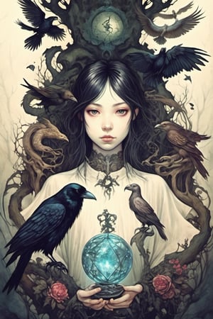 a dreamlike depiction of facing your fears, (1 young white boy , 1 Japanese girl), dark hair, holding hands, looking_at_viewer , exploring a dark fantasy forest and ancient magical ruins, ancient trees, hidden monsters, creepy, dreamscape, bizarre hallucinations, dreampunk, ghosts, monsters, tarot art, best quality, full body portrait, beautiful, perfect detail, ornate, rule of thirds,Tarot Card Style, ornate border, Brian Froud, ravens, snakes, brownies, muted colours, 