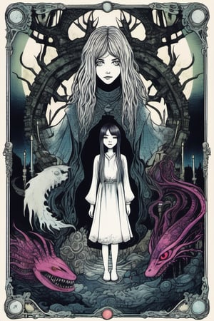 a dreamlike depiction of facing your fears, (1 young white boy , 1 Japanese girl), dark hair, holding hands, looking_at_viewer , exploring a dark fantasy forest and ancient magical ruins, ancient trees, hidden monsters, tentacles, creepy, dreamscape, bizarre hallucinations, dreampunk, ghosts, monsters, tarot art, best quality, full body portrait, beautiful, perfect detail, ornate, rule of thirds,Tarot Card Style,