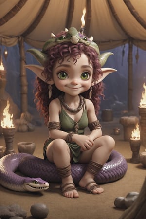 Hyper-realistic, Cinematic Render, fantasy movie, young, tiny, ((very cute)) halfling girl, big head, very large eyes and, large pointy ears, green skin, dark red curly hair, freckles, chubby, giggling, cute smile, purple eyes, holding giant furry snake, fantasy pet, sitting on furs, necklaces, bracelets, bone headdress, inside fantasy tribal tent, torches, bone decorations, 