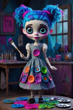 Hyper-realistic, Cinematic Render, rim light, UHD, perfect lighting, incredibly detailed, high texture, creepy stop motion movie, Tim Burton style, full body portrait, young, tiny, very short, ((very cute)) Frankenstein monster girl, chibi, (light blue skin), black and magenta hair, creepy patchwork cloth dress, cut out cloth patches and (big neon stitches) , colorful buttons, high texture, splashes of colourful paint on dress and hands, (the letters "TA" on the dress) , very large blue eyes, (holding a ((large paintbrush)) and paint palette), strange oil painting in background, messy pigtails, magenta and blue hair, heavy makeup, cute smile, mischievous smile , creepy smile, muted colours, inspired by Paranorman movie ,3d style, high depth of field, 