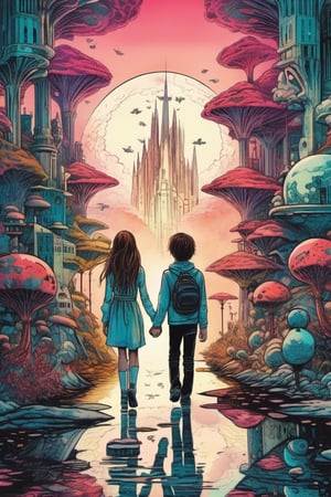 a dreamlike depiction of the essence of exploration, (1 young boy , 1 girl), dark hair, holding hands, walking away from camera, exploring a mix of fantasy forest on the left and futuristic city on the right, dreamscape, bizarre hallucinations, dreampunk, ghosts, tarot art, best quality, full body portrait, beautiful, perfect detail, ornate, rule of thirds,Tarot Card Style,