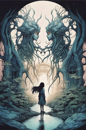 a dreamlike depiction of facing your fears, (1 young white boy , 1 Japanese girl), dark hair, holding hands, looking_at_viewer , exploring a dark fantasy forest and ancient magical ruins, ancient trees, hidden monsters, tentacles, creepy, dreamscape, bizarre hallucinations, dreampunk, ghosts, monsters, tarot art, best quality, full body portrait, beautiful, perfect detail, ornate, rule of thirds,Tarot Card Style,