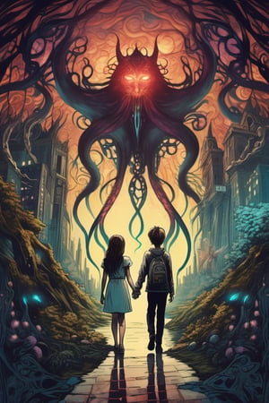 a dreamlike depiction of facing your fears, (1 young boy , 1 girl), dark hair, holding hands, walking away from camera, exploring a mix of dark fantasy forest and futuristic city, ancient trees, hidden monsters, tentacles, creepy, dreamscape, bizarre hallucinations, dreampunk, ghosts, monsters, tarot art, best quality, full body portrait, beautiful, perfect detail, ornate, rule of thirds,Tarot Card Style,