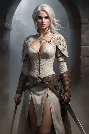 An enchanting hyper-realistic portrayal of full nude Ciri from "The Witcher" series, donned in lace, wielding a sword, emerging from a swirling portal amidst a medieval battlefield, surrounded by knights and sorcery, showcasing her journey through time to an Arthurian era. Traits: fierce, destiny-bound, time-warrior. Art medium: watercolor painting. ., natural skin, cinematic, studio light, hyperdetailed beautiful faces, amazing full body, UltraHD, hyper photorealistic oil painting. 
,HZ Steampunk,Movie Still,greg rutkowski,6000