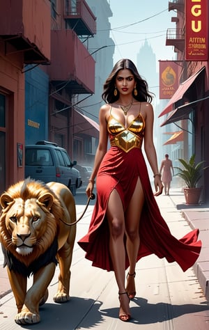 illustration of a beautiful modern Indian woman wearing erotic gold and red short summer dress walking with her lion on city street, , watercolor, trending on artstation, sharp focus, cinematic, studio light, hdr, 12k, intricate details, highly detailed, by greg rutkowski , professional concept art, by artgerm and greg rutkowski, an intricate, elegant, highly detailed digital painting, concept art, smooth, sharp focus, illustration, in the style of simon stalenhag, wayne barlowe, and igor kieryluk