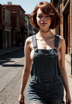 Beautiful cartoon Emma stone, frank miller  style, large breasts, sensual expression, walking on the street, looking into a camera, low cut overalls,  boob,  dirty skin smears, very dirty clothes,  highly detailed, afternoon sunlight, front lit, sun rays, dynamic lighting, photo realistic,