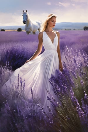 

A stunning hyper-realistic image featuring a modern supermodel from France, elegantly draped in haute couture, posing amidst a lavender field, a majestic white horse by her side. Traits: graceful, chic, harmonizing with nature. Art medium: digital illustration