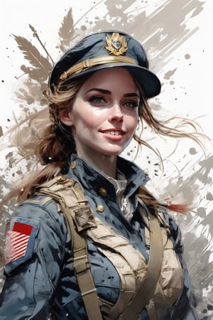 digital illustration of female american revolutions war  soldier, masterpiece, smile, comic style, pale  skin, perfect anatomy, centered, approaching perfection, dynamic, highly detailed, artstation, concept art, smooth, sharp focus, illustration, art by Carne Griffiths and Wadim Kashin,
rule of thirds, expressive impossible pose, 