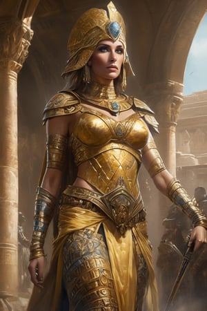 
"hyper realistic close up image of a beautiful Queen Cleopatra as Futoristic lady and a male alien warrior (hyper detailed wet face, hyper detailed wet full body, wet blond hair, wearing futoristic armor and wet yellow lace blouse, , face war tattoo) standing in middle of  Futoristic palace courtyard background Space ship on the sky: landscape river nile and piramide , cinematic, dynamic light, sci-fi art,  hyper photorealistic oil painting by Alex Ross,  Alvaro Castagnet and luis royo",greg rutkowski
