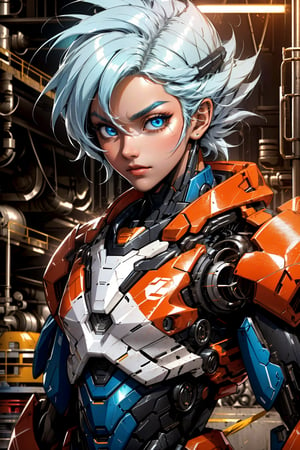 solo,anime, goku, age 25, mecha musume, upper body, underchest, portrait, robot,white oange armor, white shimmering hair, neon light, 8K, RAW, best quality, masterpiece, ultra high res, colorful, (medium wide shot), (dynamic perspective), sharp focus ,depth of field, extremely detailed eyes and face, beautiful detailed eyes,large chest,(black gold, trimmed gear:1.2),(In a futuristic weapons factory:1.2), ((masterpiece, best quality)), Detailed background, spaceship interior,son goku