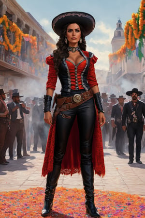 A captivating hyper-realistic depiction of Amina "The Enforcer" from Mexico, wearing bold clothing, standing in a vibrant plaza, surrounded by Day of the Dead celebrations, her stern expression concealing her role as a feared enforcer in a powerful cartel. Traits: fearless, unyielding, enforcing the law of her world. Art medium: watercolor painting natural skin, cinematic, studio light, hyperdetailed beautiful faces, amazing full body, UltraHD, hyper photorealistic oil painting. ,HZ Steampunk,Movie Still,greg rutkowski,6000
