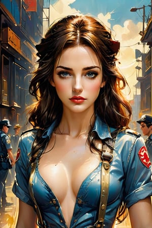 abstract oil painting of beautiful  female cop, frank miller  style, c cup size breasts, smart expression, walking on the street, low cut overalls, side boob,  dirty skin smears, very dirty clothes,  highly detailed, hyper detailed face, afternoon sunlight, back lit, sun rays, dynamic lighting, photo realistic comic book style,huayu
