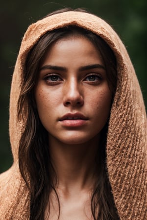 a photorealistic portrait of a stunningly beautiful woman without make-up, extremely detailed light hazel eyes, detailed symmetric realistic face, natural skin texture, extremely detailed skin with skin pores, peach fuzz, messy hair, wearing shawl over her head, masterpiece, absurdres, award winning photo by lee jeffries, nikon d850 film stock photograph, kodak portra 400 camera f1.6 lens, extremely detailed, amazing, fine detail, rich colors, hyper realistic lifelike texture, dramatic lighting, unrealengine, trending on artstation, cinestill 800 tungsten, looking at the viewer, photo realistic, RAW photo, TanvirTamim, high quality, highres, sharp focus, extremely detailed, cinematic lighting, 8k uhd