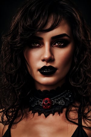 full body potrait of a photorealistic beautiful brunette seductress, devilish, curly hair, hell, dark sky, gloomy, exotic black and red vilain dress, choker style colar, blood color eyes, detailed face, goth, full body, dark fantasy, bloody