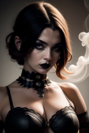 Portrait of goth woman, pin-up, made out of smoke, highly detailed digital art, character concept art, intricate, hd, unreal engine, pastel royal background, gorgeous woman, cleavages, photography 16k