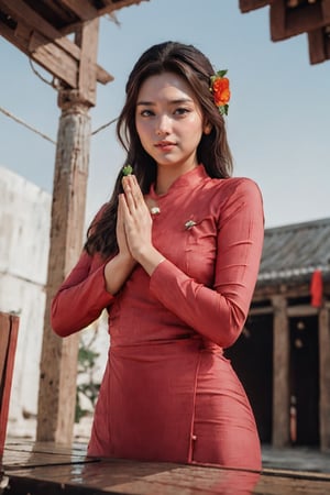 1girl, Beautiful eyes, detailed eyes, big eyes, praying poses, looking to viewer,smiling, cleavge, calm sunshine, flower , temples , bagan, myanmar, acmm ss outfit,Myanmar,praying