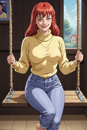  retro artstyle, 1980s (style), source_cartoon, score_9, score_8_up, score_7_up, closeup, fullbody portrait,  BREAK, 1girl, MJ, smile, red hair, blue eyes, yellow sweater, purple turtleneck, jeans, barefoot looking_at_viewer, pov_eye_contact,1girl,  sitting in a swing, 