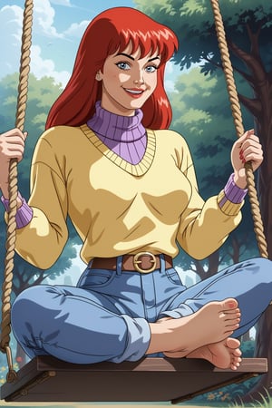  retro artstyle, 1980s (style), source_cartoon, score_9, score_8_up, score_7_up, closeup, fullbody portrait,  BREAK, 1girl, MJ, smile, red hair, blue eyes, yellow sweater, purple turtleneck, jeans, barefoot looking_at_viewer, pov_eye_contact,1girl,  sitting in a swing, 