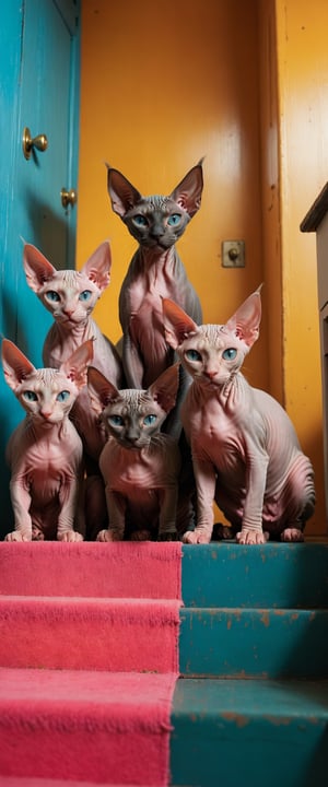 ultra wide shot, Cinematic scene of a group of inquisitive but adorable hairless Sphynxes staring innocently into the camera, sitting in a colorful cosy little room, extremely detailed, centred