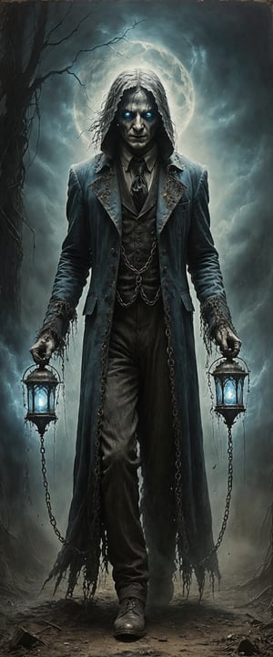 (full body shot:1.4), Victorian horror theme, a character of a spectral figure known as the "Haunted Harbinger", a ghostly apparition of a long-dead aristocrat, wears a tattered once-opulent suit adorned with decayed medals and frayed lace, translucent skin glows with an ethereal blue light,  eyes are empty sockets that emit a ghostly mist, chains hang from its wrists and ankles dragging along the ground with a haunting clatter, twisted face in eternal agony, carries a spectral lantern that casts an eerie flickering light 